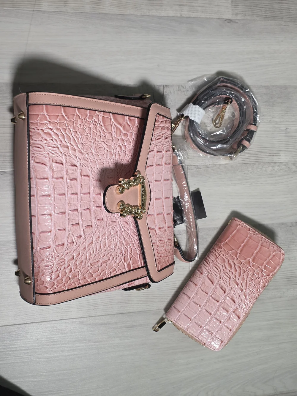NEW Pink Croc Embossed 2-in-1 Satchel Handbag + Matching Wallet
